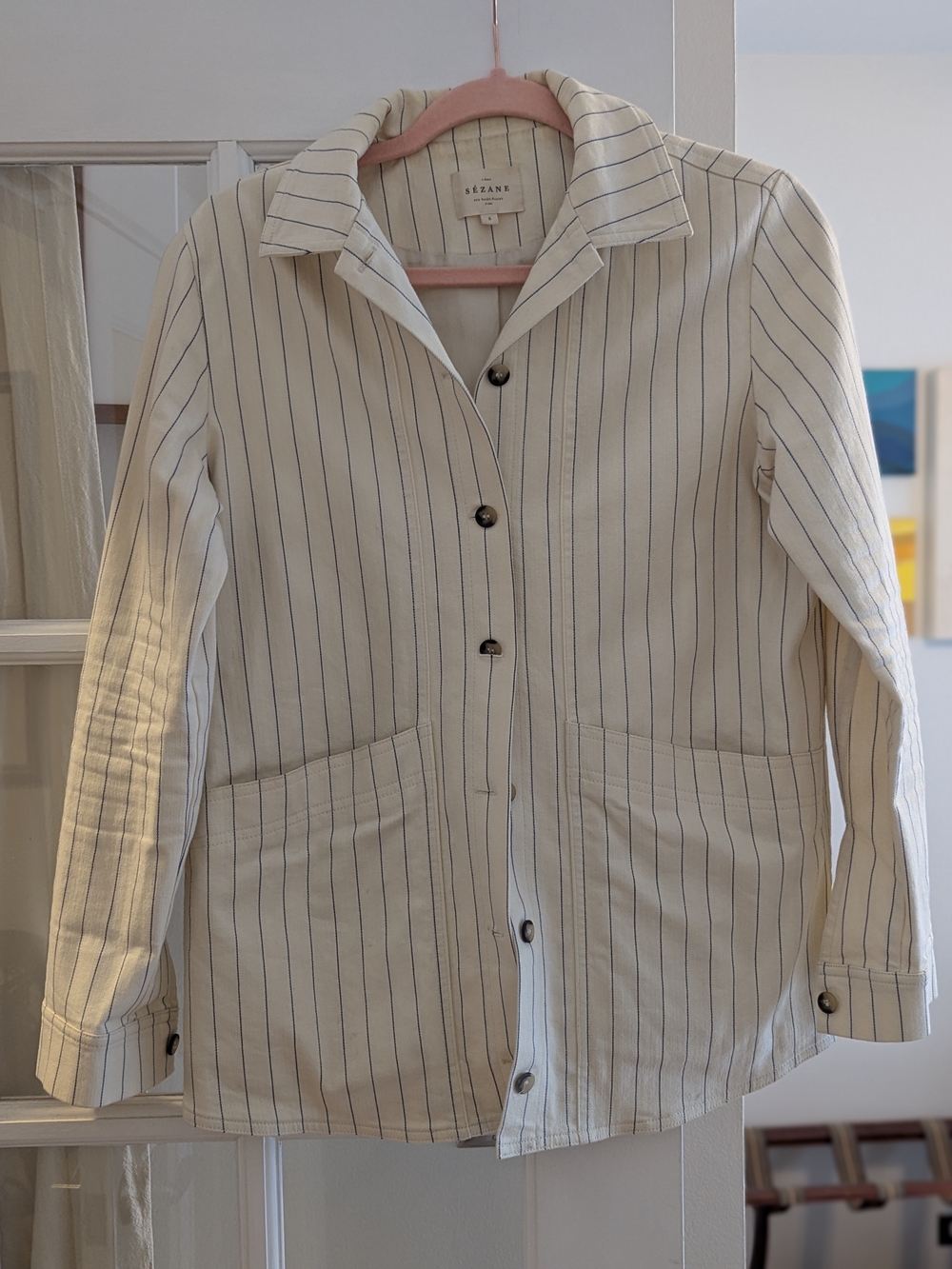 Sezane Will Jacket - Cream with Navy Pinstripe, Button-Front